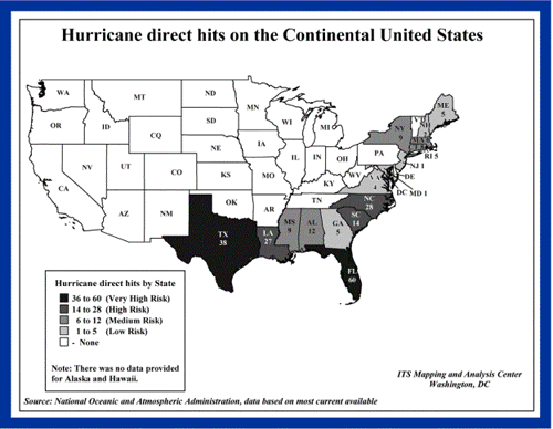 Map of hurricane direct hits on the continental United States