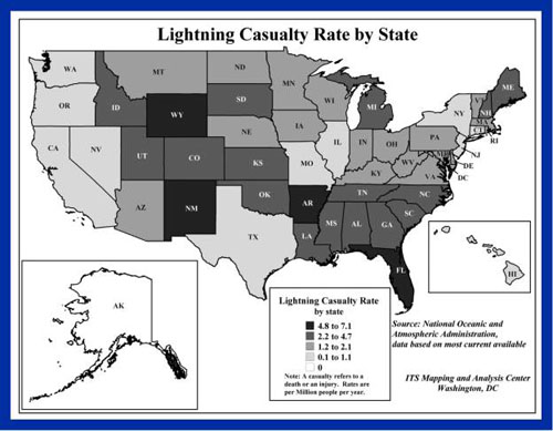 Lightning casualty rate by state
