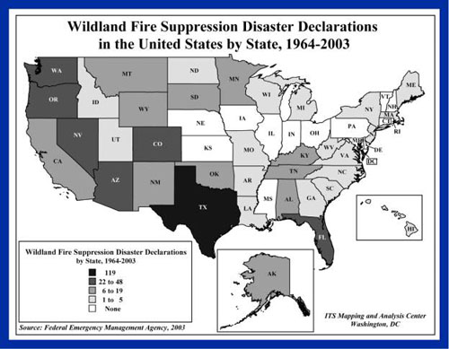 Map of wildland fire suppression disaster declarations in the united states by state from 1964 through 2003