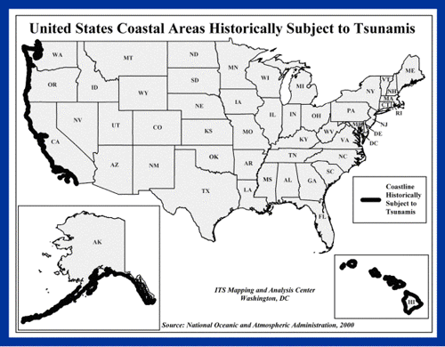 Map of united states coastal areas that have historically been subject to tsunamis