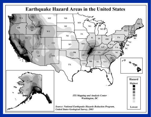 Map of eathquake hazard areas in the united states