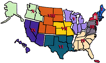 Map of USA Regional Offices, listed by I - X