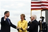 Defense Secretary Robert M. Gates swears in new Air Force Secretary Michael B. Donley during a ceremony at the Air Force Memorial in Arlington, Va., Oct. 17, 2008.