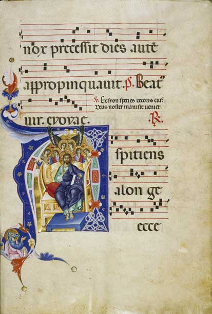 Image: 	Master of Gerona, Bolognese, active c. 1260 - 1300, Initial A: Christ in Majesty, Bologna, late 13th c., antiphonal, Leaf: 58.3 x 40.2 cm (22 15/16 x 15 13/16 in.), The J. Paul Getty Museum, Los Angeles, Ms. Ludwig VI 6, fols. 1v-2, 83.MH.89 