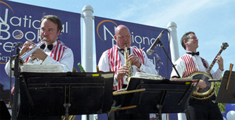 as a backdrop to the presentations by authors and storytellers, musical groups performed on the Library's Neptune Plaza