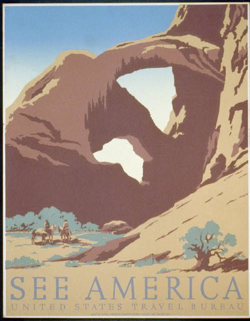 See America Poster showing two cowboys on horseback by stream near desert rock formation, ca 1936-1939.