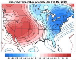 Image showing a US Observed Temperature Anomaly Jan-Feb-Mar 2004. Click for larger image.
