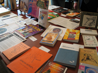 Books on Liberia are displayed at the launch of the new library.