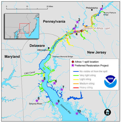 A map of Athos 1 Shoreline and Tributary Oiling and Preferred Restoration Projects