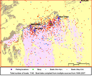 Figure 16. Concentration of boats at Gray's Reef National Marine Sanctuary from 1998-2007 superimposed on the habitat distribution map of the sanctuary. Source: NOAA Biogeography Team