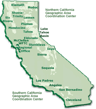 Map of California with Links to National Forest Fire Management Web Sites.