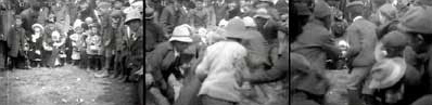 In "Babies Rolling Eggs" from Thomas Edison's company, a group of children throw and scramble after eggs on the White House lawn in 1902. 