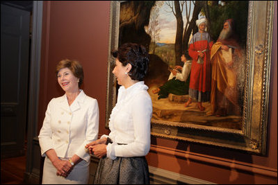 Mrs. Laura Bush and Mrs. Leila Castellaneta, wife of the Italian ambassador, speak to the press during their preview tour of the upcoming exhibition Bellini, Giorgione, Titian, and the Renaissance of Venetian Painting at the National Gallery of Art Tuesday, June 14, 2006. The exhibition opens June 18 and runs through September 17, 2006. White House photo by Shealah Craighead