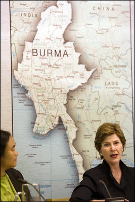 Mrs. Laura Bush speaks to panelists, including Hseng Noung, a Burmese activist and founding member of the Shan Women, Action Network, during a roundtable discussion about the humanitarian crisis facing Burma at the United Nations in New York City Tuesday, Sept. 19, 2006. White House photo by Shealah Craighead 