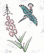 Tsimshian-Styled Hummingbird and fireweed painting.