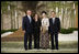 President George W. Bush and Mrs. Laura Bush stand with Japan's Prime Minister Yasuo Fukuda and Mrs. Kiyoko Fukuda in the banquet lobby of the Windsor Hotel Toya Resort and Spa Monday, July 7, 2008, in Toyako, Japan, prior to the dinner with G8 leaders and spouses.