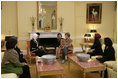 Mrs. Laura Bush hosts a tea for Mrs. Emine Erdogan, wife of Prime Minister Recep Tayyip Erdogan of Turkey, Monday, Nov. 5, 2007, in the Yellow Oval Room within the private residence of the White House.