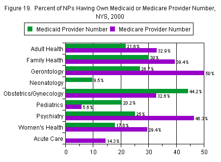 Chart titled: Figure 19.  Percent of NPs Having Own Medicaid or Medicare Provider Number, NYS, 2000