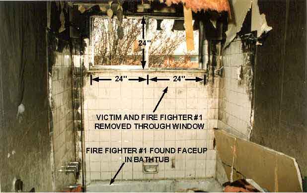 Photo 2.  Photograph showing the interior view of the burned-out bathroom window where the victim and Fire Fighter #1 attempted to exit.