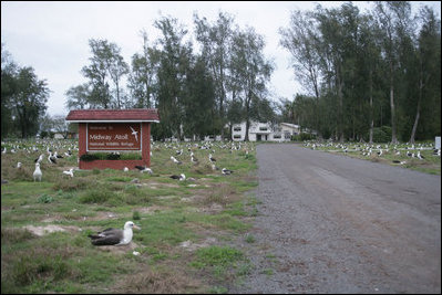 Mrs. Laura Bush visits Midway Atoll National Wildlife Refuge during a tour of Sand Island and Eastern Island, part of the Hawaiian archipelago Thursday, March 1, 2007. President Bush designated the Northwest Hawaiian Islands National Monument June 15, 2006. It is the single largest conservation area in the U.S. history and the largest protected marine area in the world.