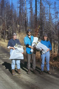 man and two women holding bags of seedlings.