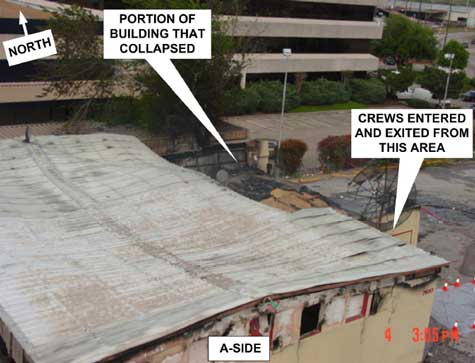 Aerial view of incident site showing portion of building that collapsed.