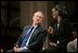 President George W. Bush and Dawn Baldwin, an English teacher at Lenior Community College in Kinston, N.C., exchange smiles during a town hall meeting on strengthening Social Security in Raleigh, N.C., Thursday, Feb. 10, 2005.