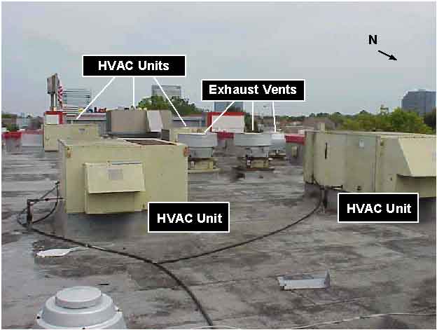Photo 2: Pre-fire, exterior view of the roof of similar restaurant, showing the placement of several HVAC units and exhaust vents.