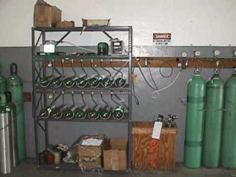 The cascade system at station 34 which is capable of refilling 14 D-size oxygen cylinders at a time.