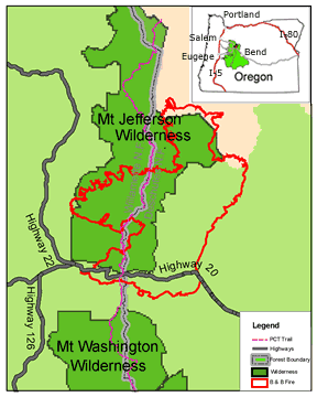 B&B Fire vicinity map showing location in Oregon and fire boundary
