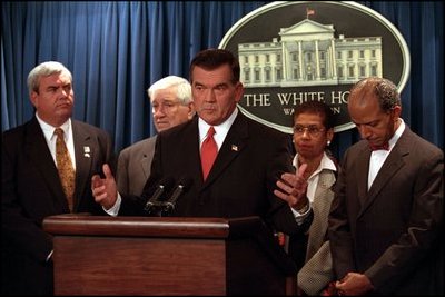 Homeland Security Adviser Tom Ridge holds a press conference during the anthrax scare October 22, 2001. 