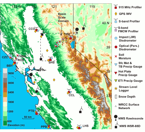 Regional scale map of California showing instrumentation sites.