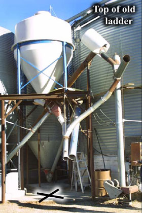 Photo 2 – Side view of old grain bin ladder and concrete pad where the victim fell.