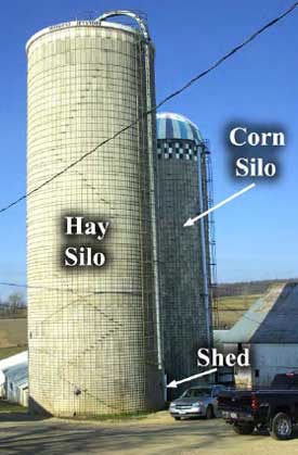 Photo 2 – View of both silos, showing position of shed and free-stall barn to the west.