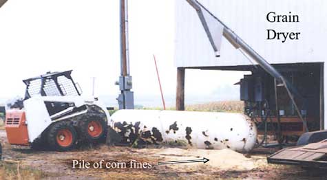 Photo 2 – Back view of the area showing skid-steer loader, overturned tank, the grain dryer, and the pile of corn fines.