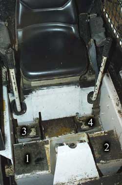Photo 4– Front view of operator compartment showing hand controls and four areas for the operator to step on.