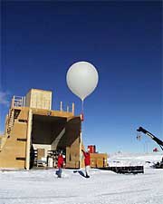 Scientists prepare to launch a balloon-borne ozonesonde from a station in the Antarctic.