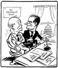 Editorial cartoon depicting Senator Joseph McCarthy and President Dwight D. Eisenhower.