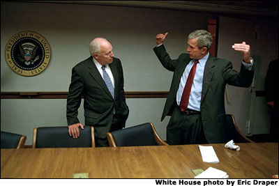 Upon returning to the White House from Offitt Air Force Base, President Bush and Vice President Cheney discuss the attacks on America while secure inside the operations center under the White House. White House photo by Eric Draper.