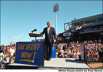 President George W. Bush speaks about tax relief at Zephyr Field in New Orleans, Louisiana. White House photo by Paul Morse.