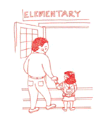 Parent taking child to elementary school.