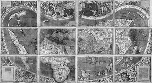 The only surviving copy of the 1507 world map by Martin Waldseemüller, purchased by the Library of Congress and now on display in its Thomas Jefferson Building in Washington, D.C. The term "America" can be seen in continent on the lower leftmost panel. Vespuci is pictured on the top panel of the third column.
