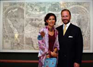 Prince Johannes Waldburg-Wolfegg, whose family owned the Waldseemüller map, and his wife Princess Viviana, stand in front of the map on display in the Lewis and Clark exhibition. 