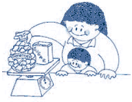 Childlike drawing of a child and a mother using a scale to weigh a bag of potatoes and box of sugar.