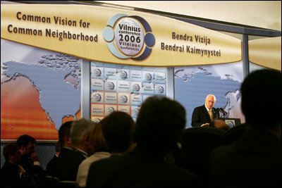 Vice President Dick Cheney delivers the keynote speech Thursday, May 4, 2006, at the Vilnius Conference 2006 in Vilnius, Lithuania. In his remarks the Vice President spoke of the story of democracy that has been written over the last two decades in the Baltic and Black Sea regions. "This great story has been repeated many times in the course of a generation, enhancing the lives of millions, and lifting the hopes of millions more," he said, adding, "With the consolidation of democracy, and the expansion of NATO and the European Union, countries that once were rivals have become partners." 