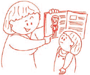 Childlike drawing of a mother and a young girl looking at a magazine that has a picture of a model in it.