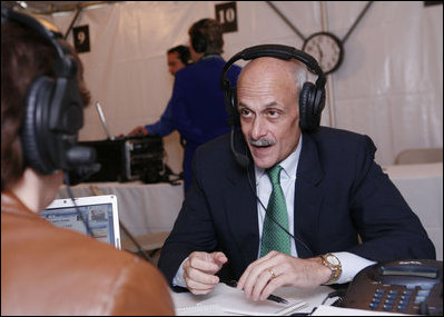 Michael Chertoff, Secretary of the Department of Homeland Security, participates in an interview with a radio journalist during the White House Radio Day Tuesday, Oct. 24, 2006.