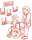 Childlike drawing of a parent and a child in a wheel chair choosing a item to purchase