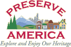 Preserve America logo with illustrations of a historic downtown, farm, courthouse, and mountain: Explore and Enjoy Our Heritage!