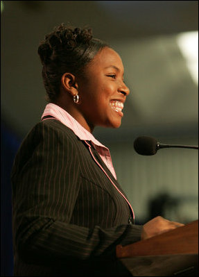 Sarah Tucker reads her award winning essay, Thursday, Oct. 27, 2005 at Howard University in Washington, at the White House Conference on Helping America's Youth. 